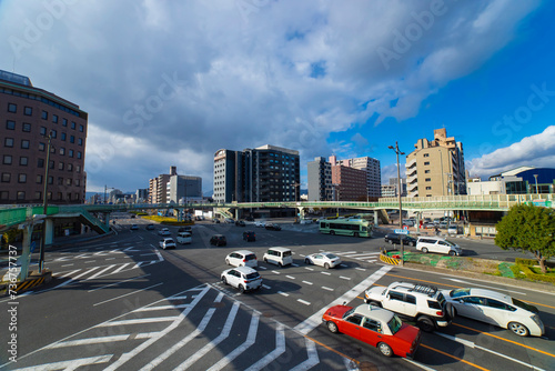 A traffic jam at the large crossing in Kyoto wide shot