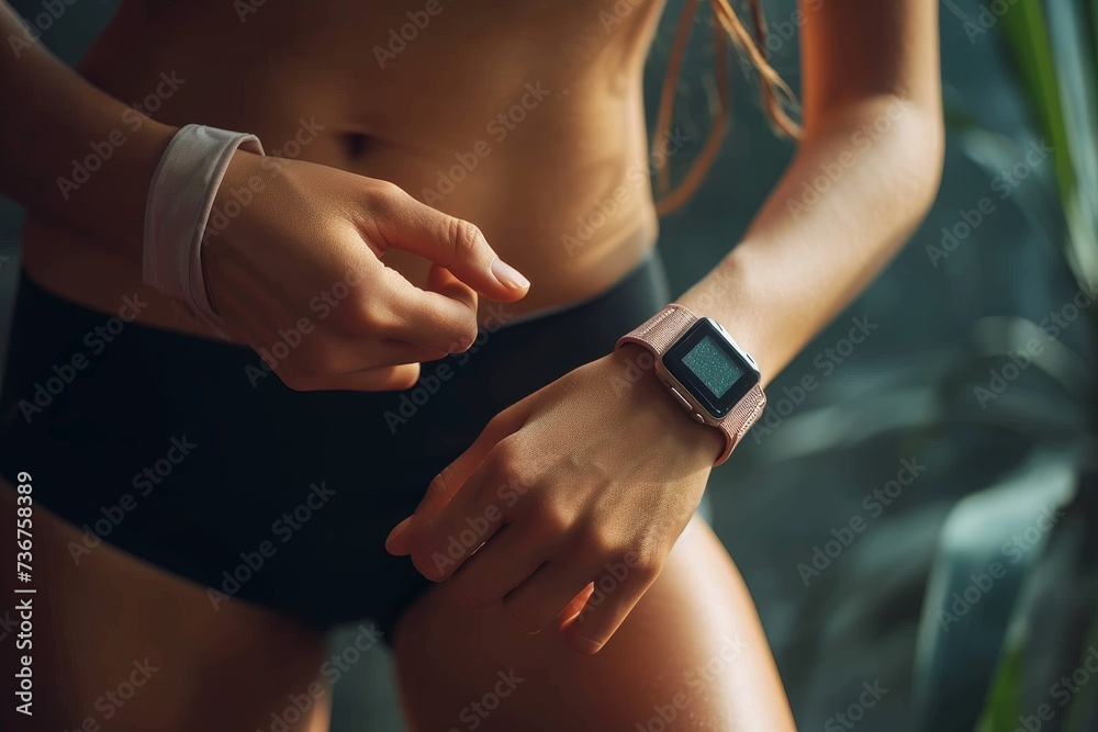 An athletic woman's midriff is captured, smartwatch clad, symbolizing commitment to fitness and technology's role in it