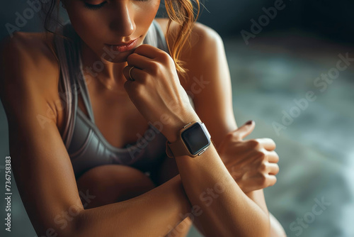 A focused athlete wearing a tank top and smartwatch is checking her device mid-workout, showcasing health technology integration photo