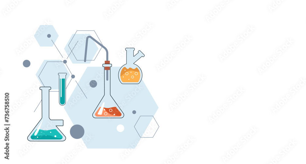 Banner of Transparent glass flasks and retorts, glassware for the chemical laboratory. Education concept of chemistry science for web banners, posters,  printed materials