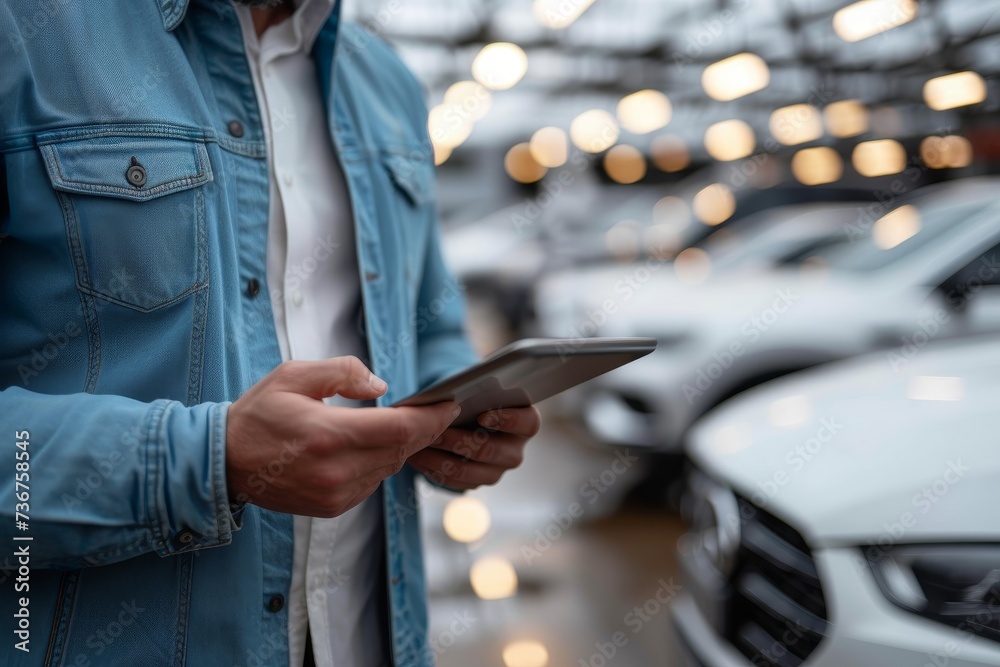 A stylish man in a denim jacket focuses on his phone while standing before a row of premium cars at a dealership