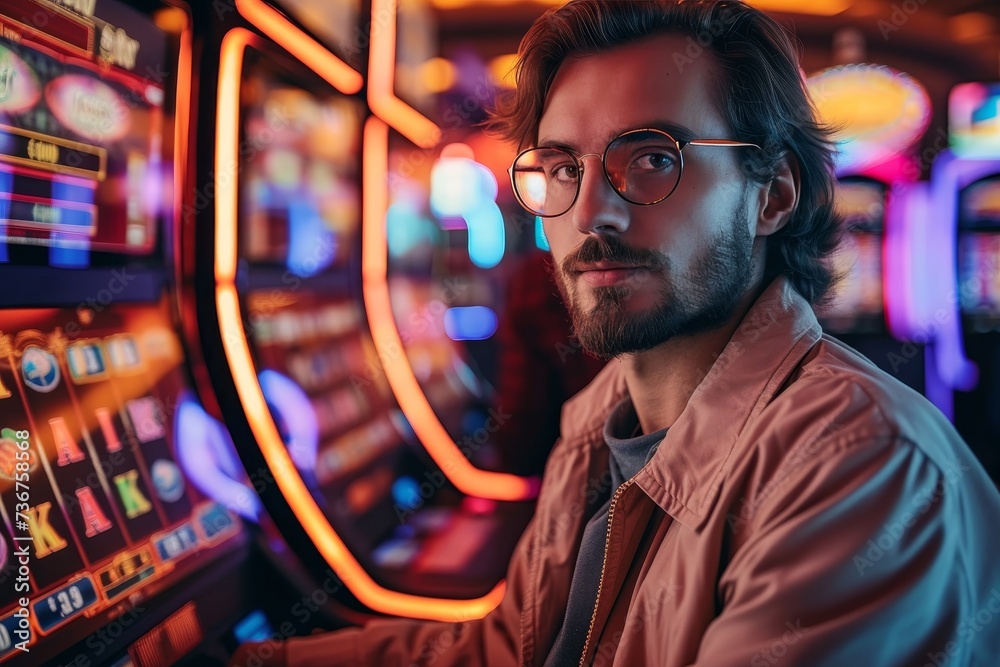 A stylish young man wears glasses and poses in front of neon-lit slot machines in a casino
