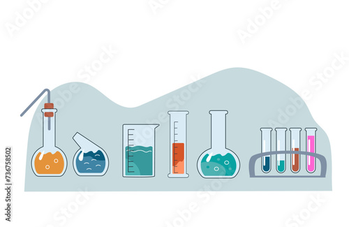 Transparent glass flasks and retorts, glassware for the chemical laboratory. Test tubes for scientific research. Chemical equipment for experiments. Vector illustration in a flat doodle style.