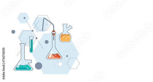Banner of Transparent glass flasks and retorts, glassware for the chemical laboratory. Education concept of chemistry science for web banners, posters,  printed materials