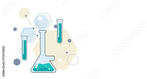 Banner of Transparent glass flasks and retorts, glassware for the chemical laboratory. Education concept of chemistry science for web banners, posters,  printed materials