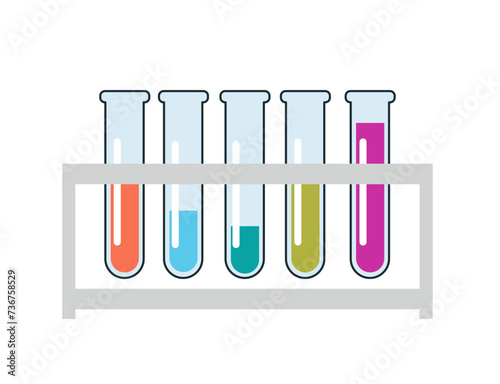 Test tubes with colorful liquids in holder on white background. Chemical equipment for experiments. Vector illustration in a flat doodle style.