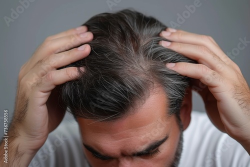 A middle-aged man addresses his prematurely greying hair, touching his head with a worrisome expression