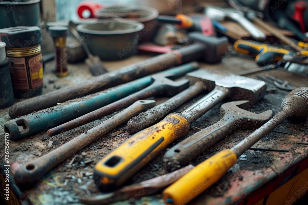 A close shot of hand tools with a selective focus, showing details and textures on the tools A close shot of hand tools with a selective focus, showing details and textures on the tools