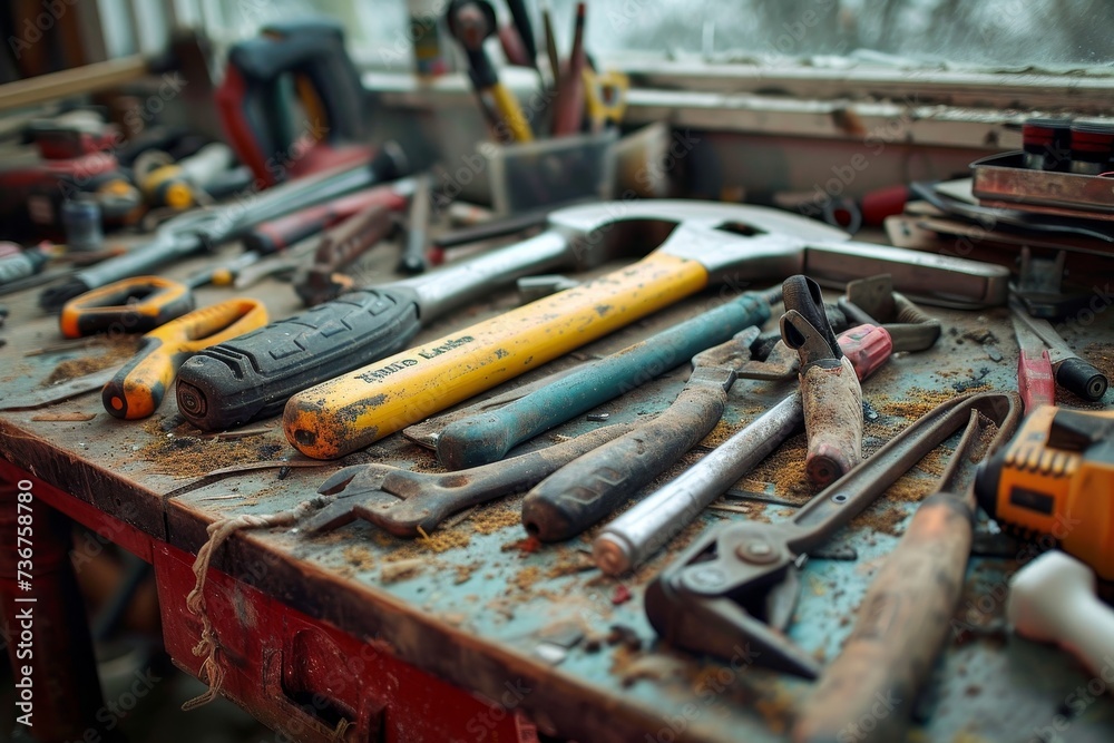 An array of well-used tools spread out on a workbench, minus the blurred human element An array of well-used tools spread out on a workbench, minus the blurred human element