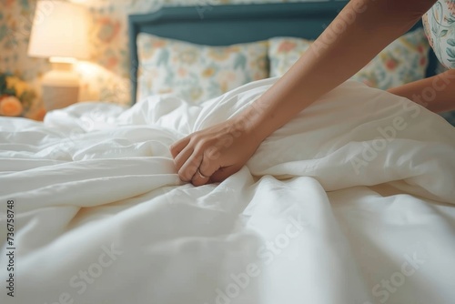 The inviting image of hands arranging a fluffy white duvet on a bed, symbolizing comfort and preparation for rest