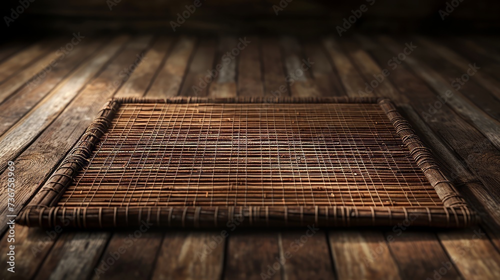 Rustic bamboo mat over dark wooden table setting a serene and natural mood - obrazy, fototapety, plakaty 