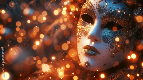 Glittering masquerade mask amidst a golden bokeh for a luxurious costume event
