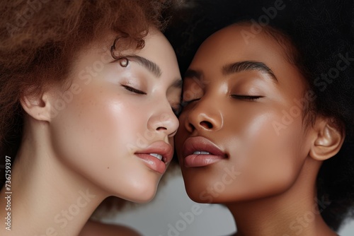 An endearing image of two young women in a close embrace, both with tranquil facial expressions