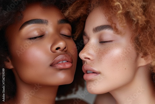 Close-up of two diverse women with their eyes closed, showing freckled skin and peaceful expressions