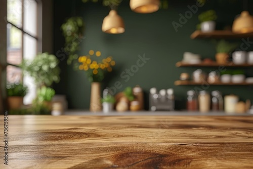 Rich wooden table surface grabbing attention  with a fashionable kitchen setup softly out of focus behind