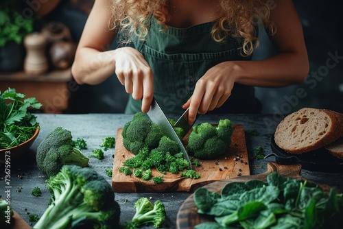 Woman in a green apron precisely cutting fresh broccoli on a wooden board at a kitchen counter photo