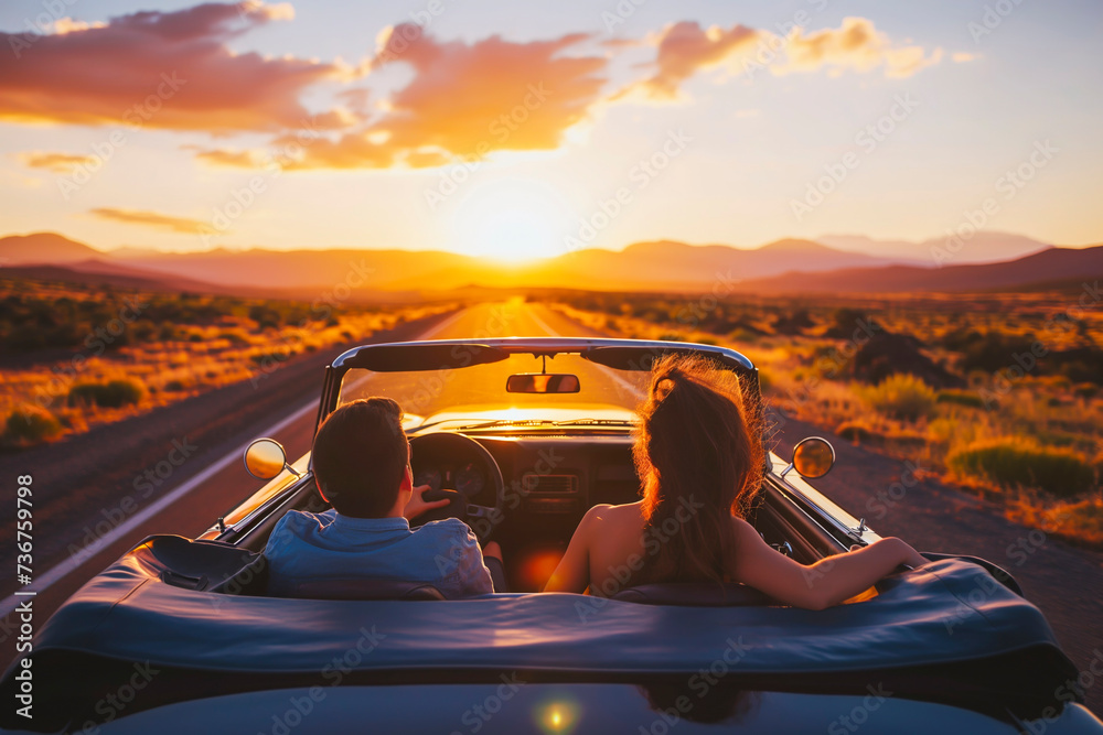 Happy couple driving into sunset in convertible - obrazy, fototapety, plakaty 