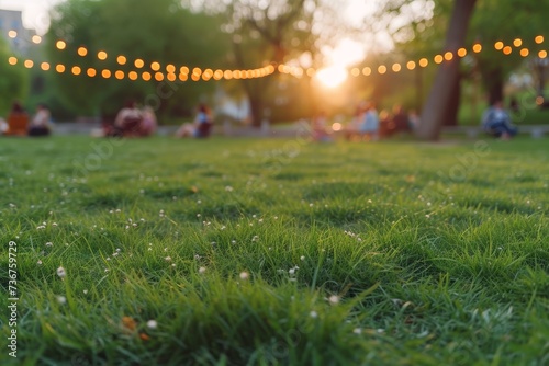 An intimate scene of a park with hanging lights and people relaxing on the grass as the sun sets in the background photo