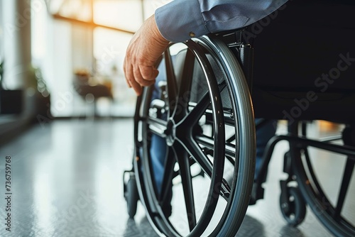 The image shows a man in a wheelchair in a corporate environment, underlining inclusivity and adaptive workplaces