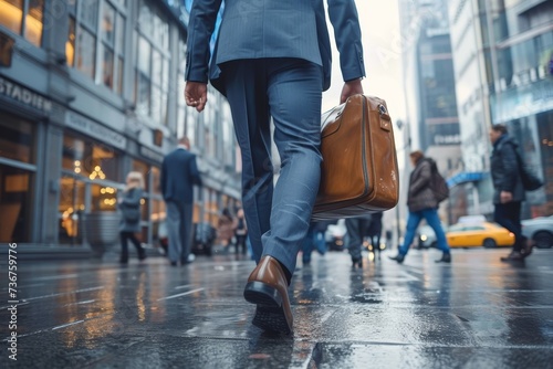 A man in a smart suit carries a stylish leather bag through a bustling cityscape, symbolizing business and professionalism © LifeMedia