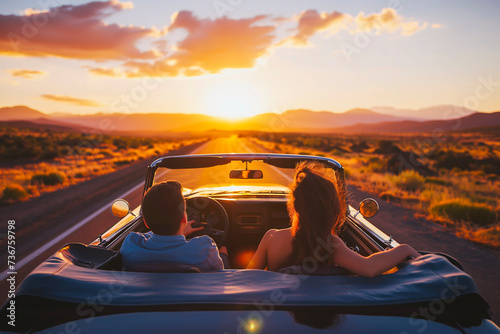 Happy couple driving into sunset in convertible photo
