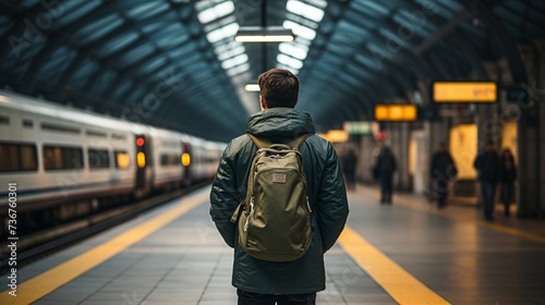 a man standing in a train station photo
