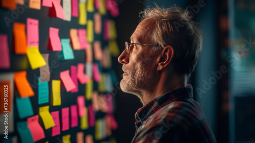 A worried man staring at a wall covered with notes that show different financial options and strategies
