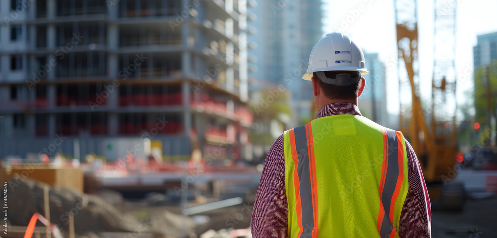 A construction site with infrastructure projects and a city planner surveying the progress and quality. A construction site with infrastructure projects and a city planner surveying the progress and quality.