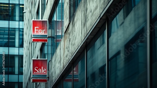 A company building with “For Sale” signs on its front faced businesses in downsizing. photo