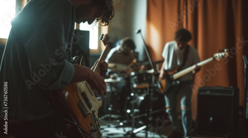 musicians in a studio with instruments and amplifiers.A musical jam session