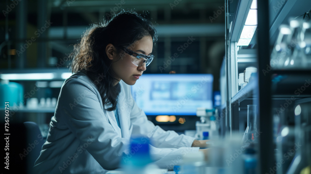 A scientist working with data in a lab with sophisticated equipment and graphs innovation and science. A scientist working with data in a lab with sophisticated equipment and graphs innovation and science.