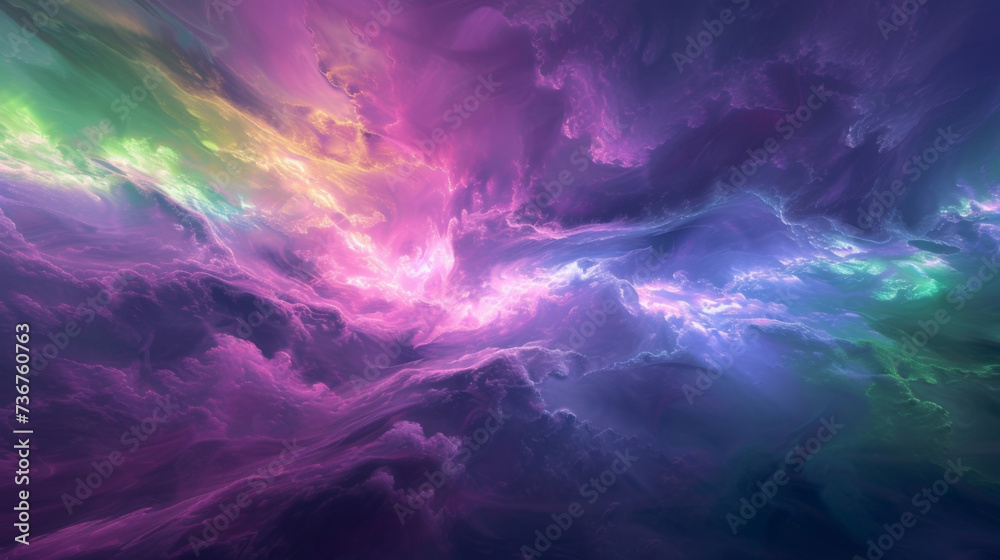A hazy expanse of swirling colors with vibrant hues of purple indigo and neon green blending together to form a kaleidoscopic dreamscape. Wispy clouds drift lazily overhead A hazy expanse of swirling colors with vibrant hues of purple indigo and neon green blending together to form a kaleidoscopic dreamscape. Wispy clouds drift lazily overhead