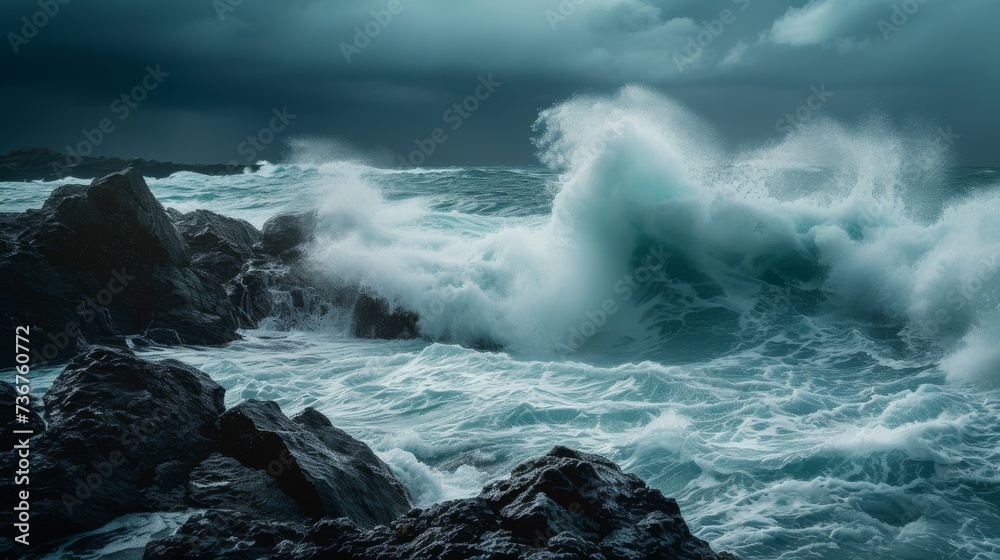Obraz premium A stormy sea with towering waves and jagged rocks a symbol of natural obstacles and challenges
