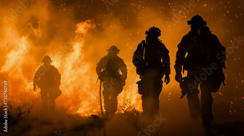 A team of firefighters confronting a fierce inferno flames and smoke