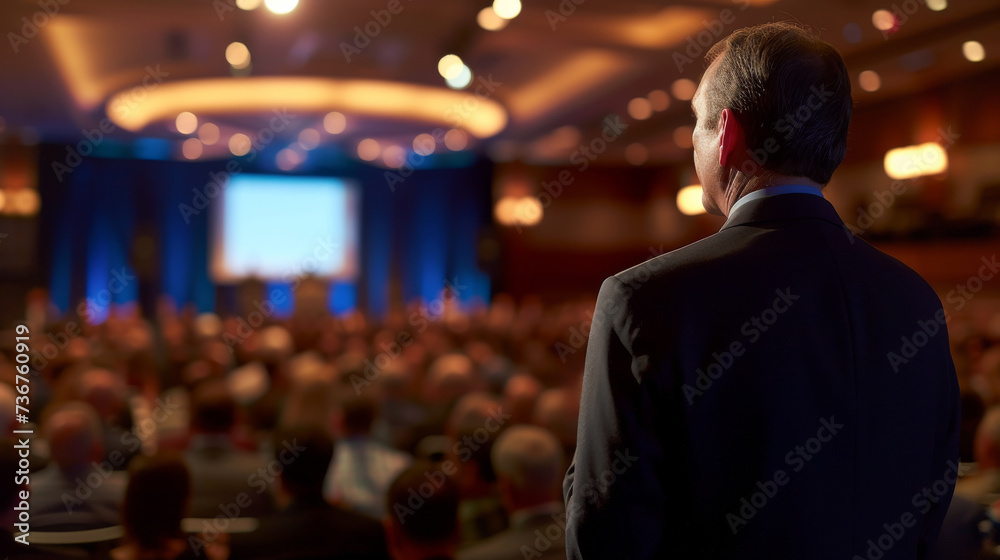 A CEO giving a keynote speech at a conference with a large professional audience. A CEO giving a keynote speech at a conference with a large professional audience.