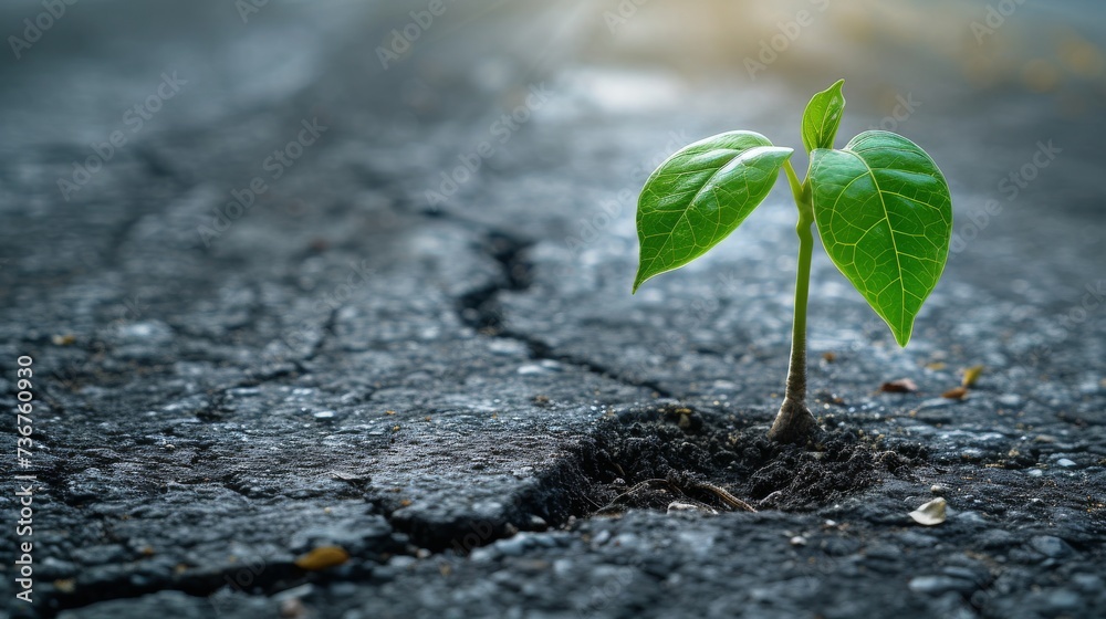 a close-up shot of a plant breaking through the concrete pavement a close-up shot of a plant breaking through the concrete pavement