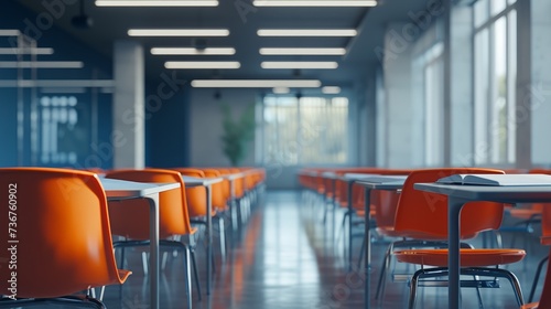 Bright classroom with vibrant orange chairs ready for an engaging educational experience