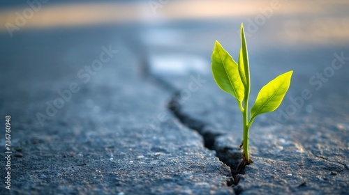 A plant emerging from the cracked concrete pavement, symbolizing the resilience