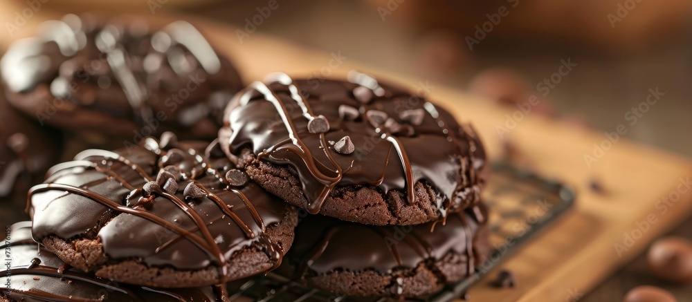 a close up of a pile of chocolate cookies on a table . High quality a close up of a pile of chocolate cookies on a table . High quality