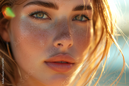 Closeup portrait of a young woman with freckles in natural sunlight, conveying a sense of summer warmth and natural beauty.