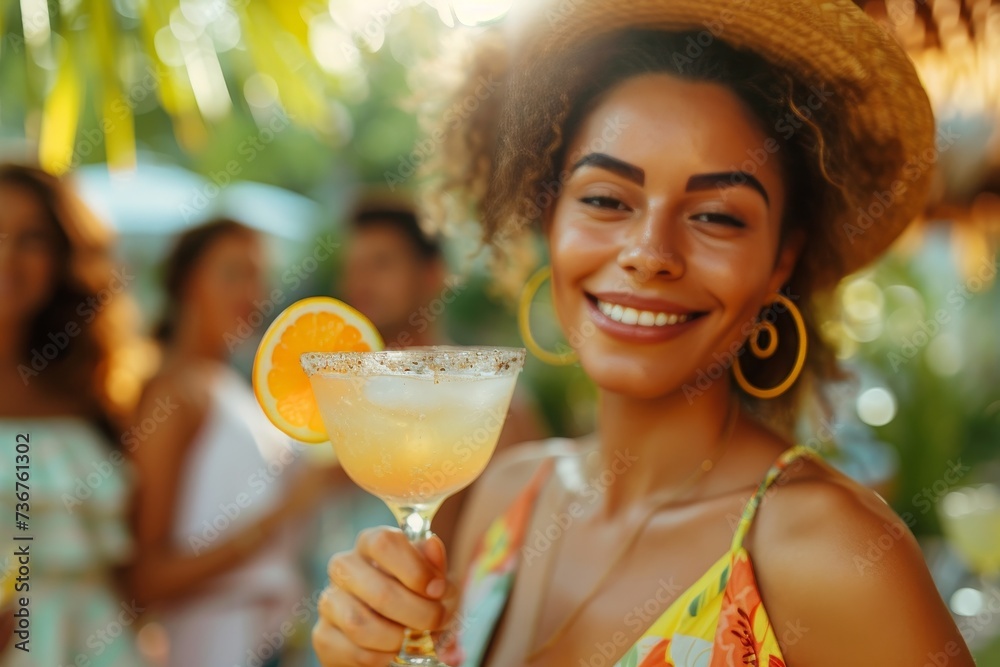 Smiling young woman holding a cocktail at an outdoor tropical party with friends in the background Smiling young woman holding a cocktail at an outdoor tropical party with friends in the background