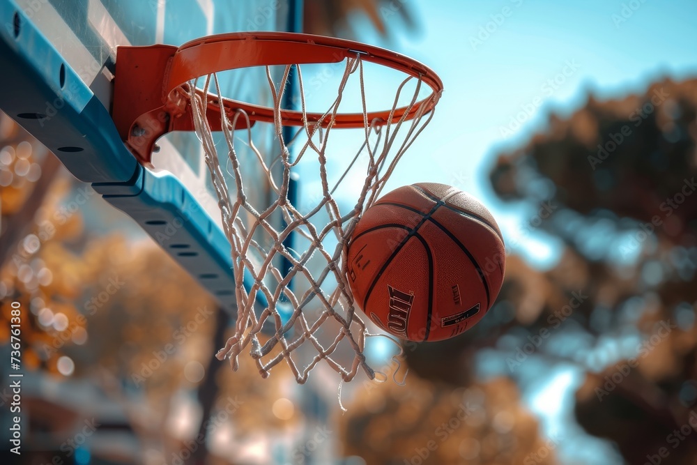 A basketball captured mid-action as it hangs on the rim of an outdoor court's hoop under a blue sky