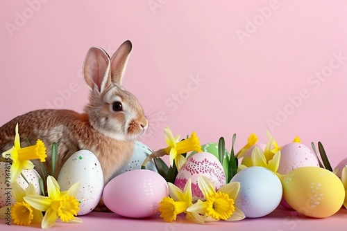 Easter pastel background with colorful easter eggs,rabbit and daffodils,