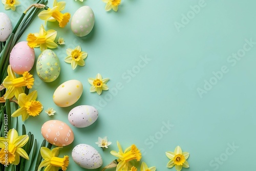 Easter pastel background with colorful easter eggs and daffodils