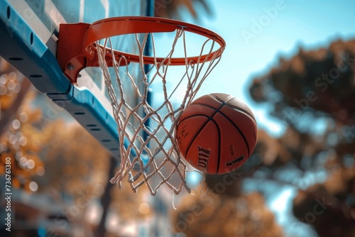 A basketball captured mid-action as it hangs on the rim of an outdoor court's hoop under a blue sky