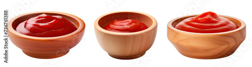 Wooden bowls with ketchup isolated on transparent background