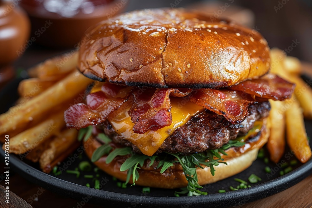 An appetizing bacon cheddar burger with visible grill marks on the beef patty, served with golden fries