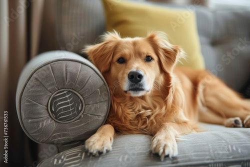 A Golden Retriever lies on a couch with a cushion  with a look of contentment and ease