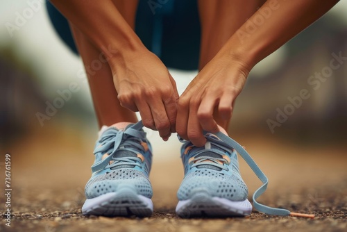 Depicting a moment of preparation, the image shows hands tying the laces of blue running shoes, symbolizing an active lifestyle