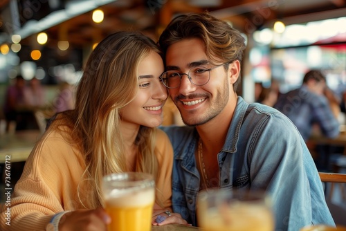 A happy couple smiling and sharing a moment  with glasses of beer  in a vibrant bar setting